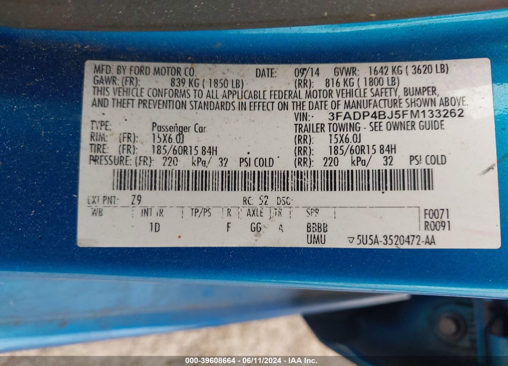 2015 FORD FIESTA SE VIN: 3FADP4BJ5FM133262