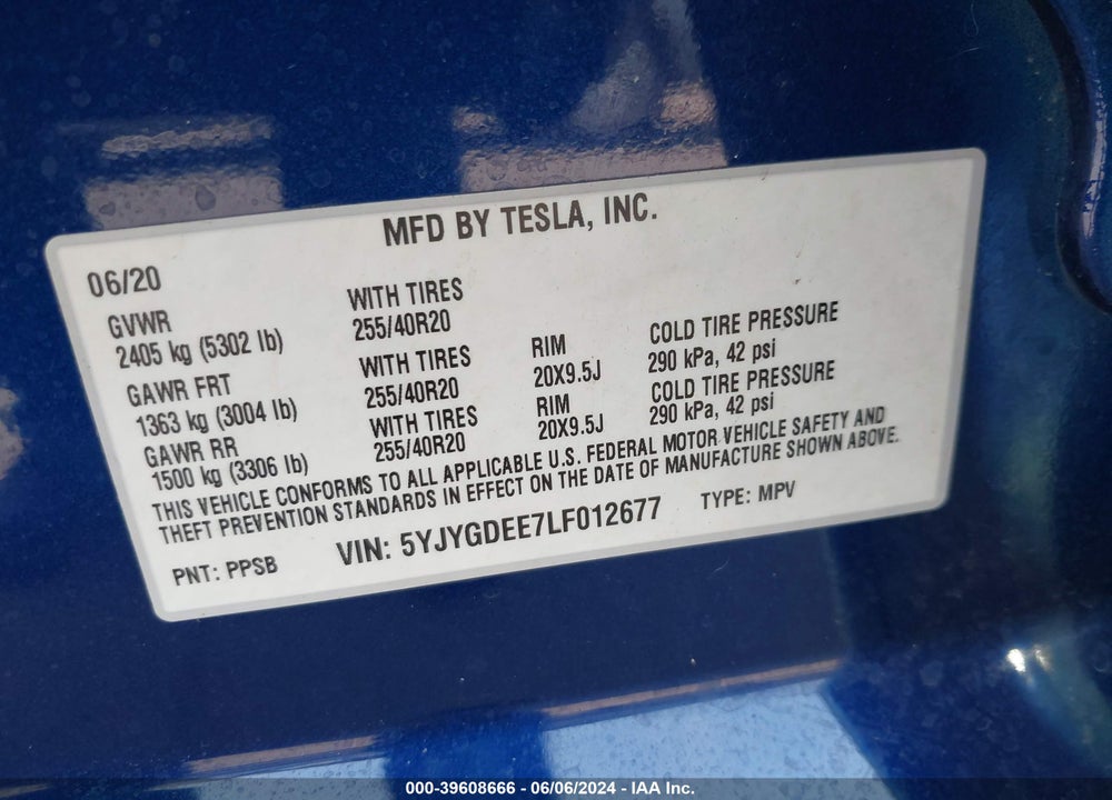 2020 TESLA MODEL Y LONG RANGE DUAL MOTOR ALL-WHEEL DRIVE VIN: 5YJYGDEE7LF012677