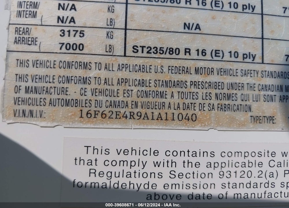 2010 CARRIAGE CAMEO VIN: 16F62E4R9A1A11040