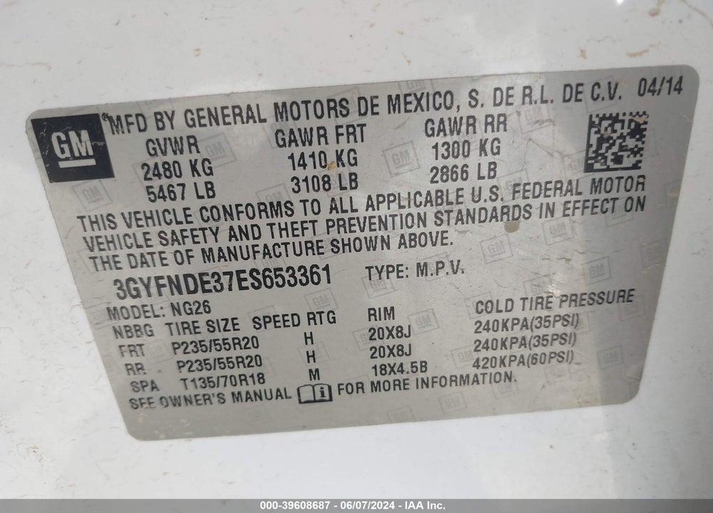 2014 CADILLAC SRX PREMIUM COLLECTION VIN: 3GYFNDE37ES653361