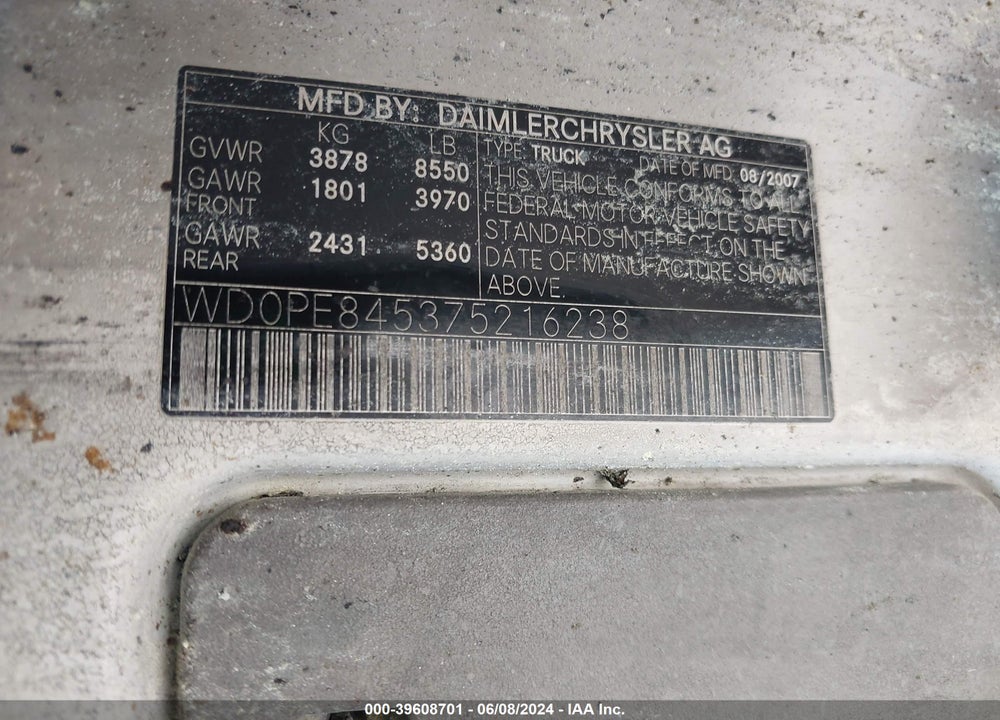 2007 DODGE SPRINTER VAN 2500 HIGH ROOF VIN: WD0PE845375216238
