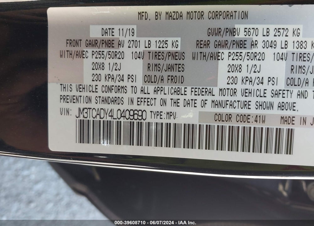 2020 MAZDA CX-9 GRAND TOURING VIN: JM3TCADY4L0409690