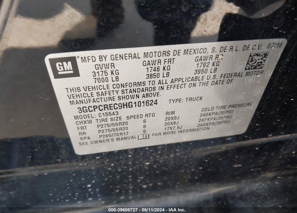 2017 CHEVROLET SILVERADO 1500 VIN: 3GCPCREC9HG101624