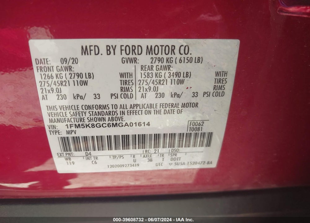2021 FORD EXPLORER ST VIN: 1FM5K8GC6MGA01614