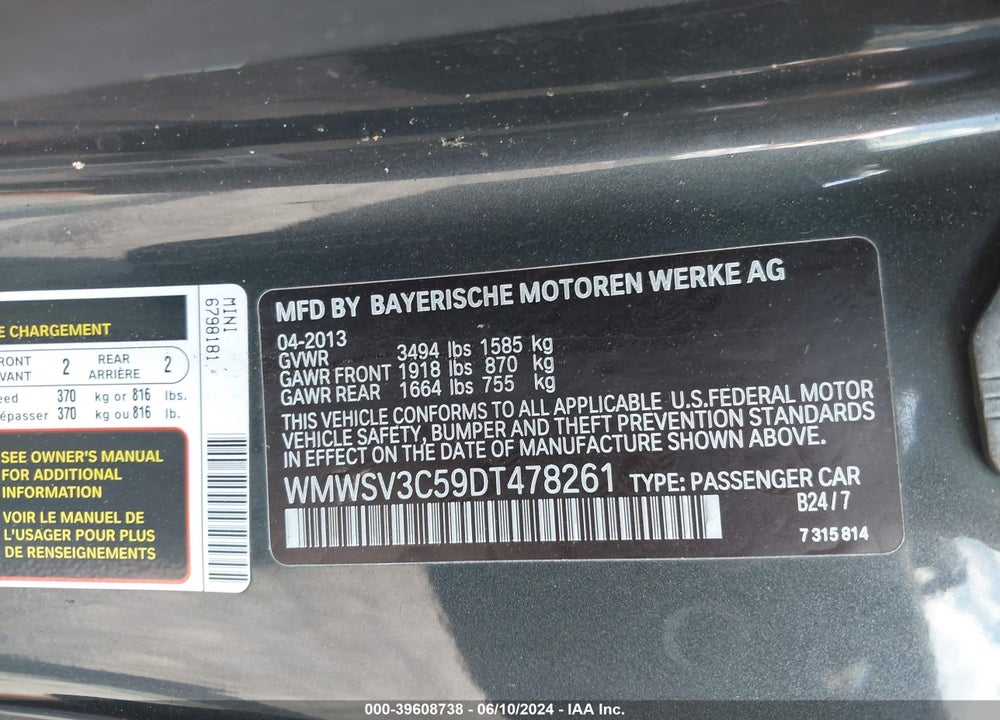 2013 MINI HARDTOP VIN: WMWSV3C59DT478261