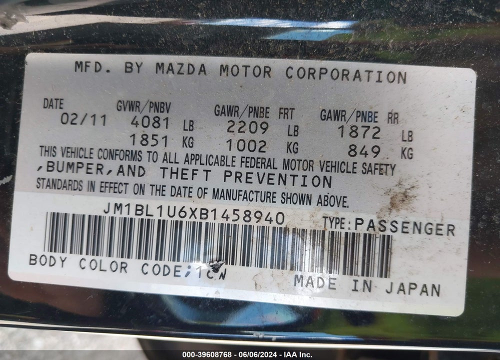 2011 MAZDA 3 S SPORT VIN: JM1BL1U6XB1458940