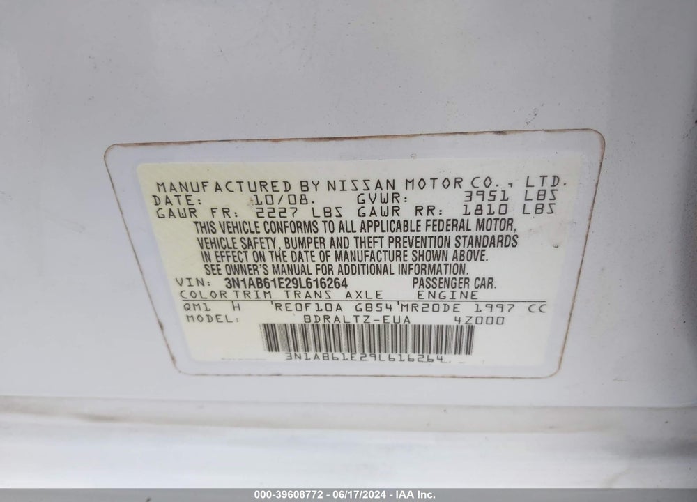 2009 NISSAN SENTRA 2.0S VIN: 3N1AB61E29L616264