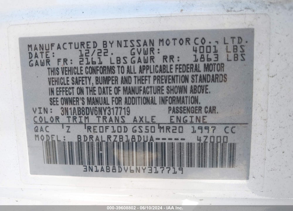 2022 NISSAN SENTRA SR XTRONIC CVT VIN: 3N1AB8DV6NY317719