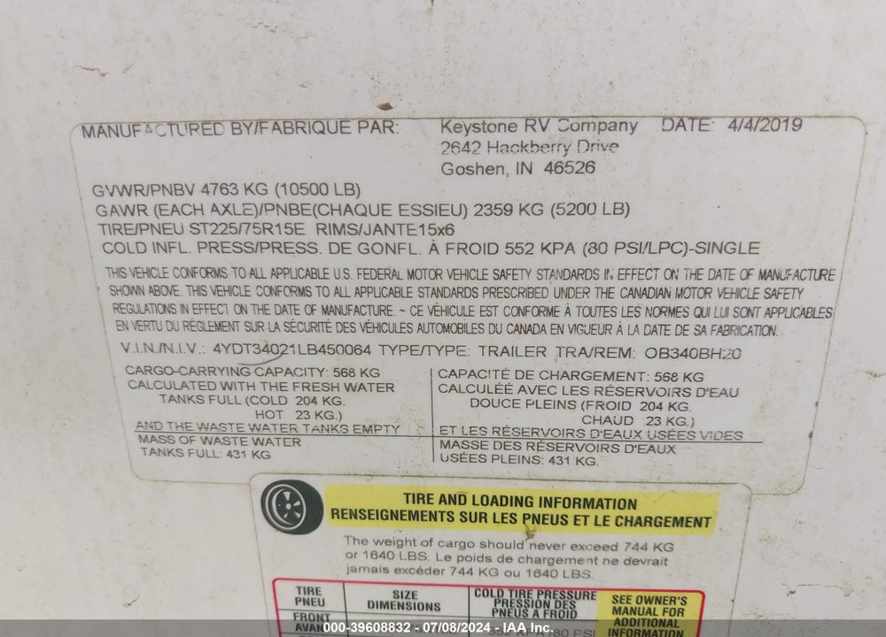 2020 KEYSTONE OUTBACK 340BH VIN: 4YDT34021LB450064