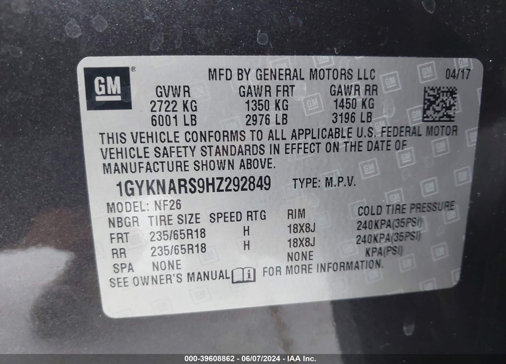 2017 CADILLAC XT5 STANDARD VIN: 1GYKNARS9HZ292849
