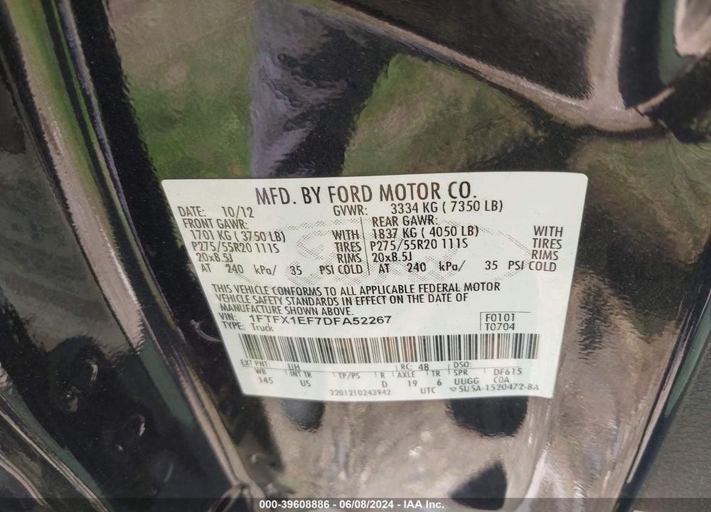 2013 FORD F-150 XLT VIN: 1FTFX1EF7DFA52267
