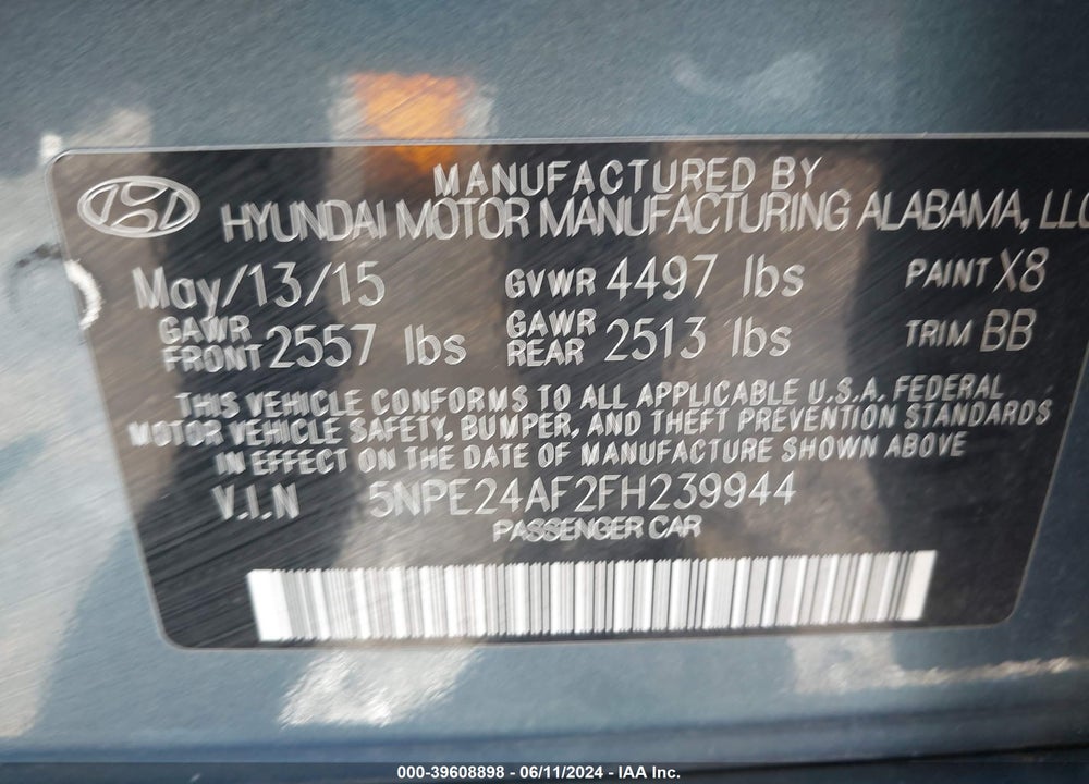 2015 HYUNDAI SONATA SE VIN: 5NPE24AF2FH239944