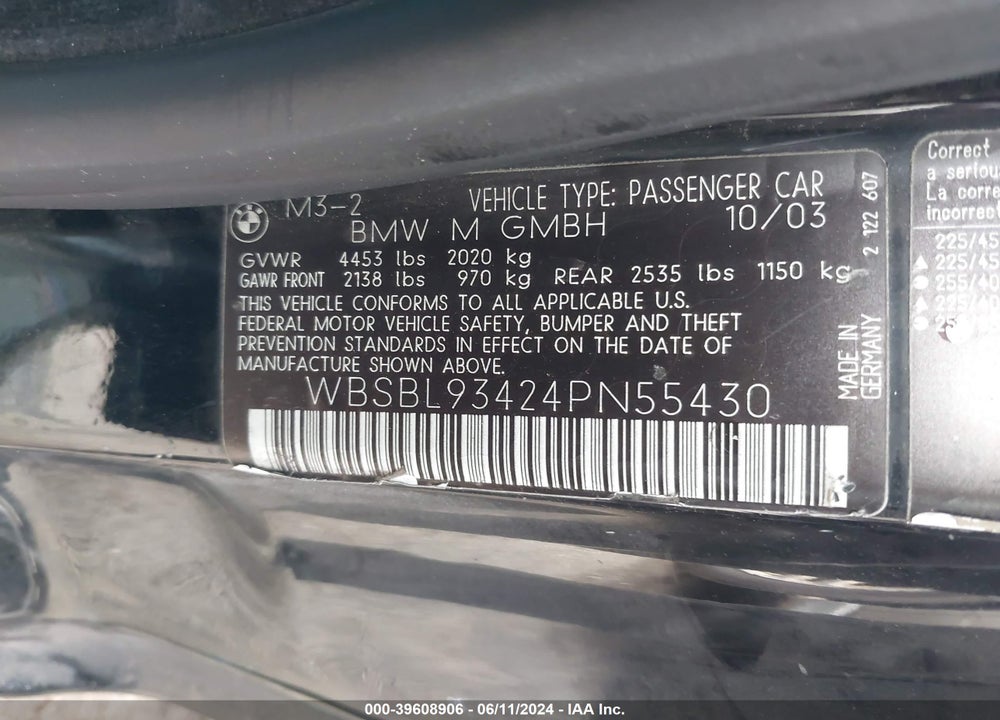 2004 BMW M3 VIN: WBSBL93424PN55430