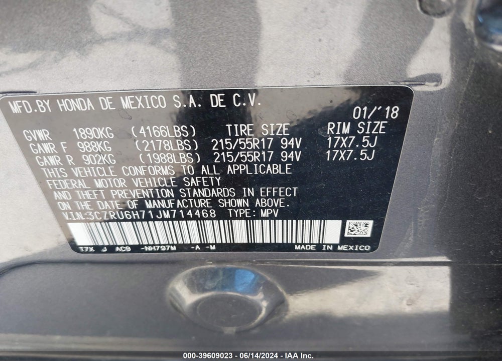 2018 HONDA HR-V EX-L VIN: 3CZRU6H71JM714468