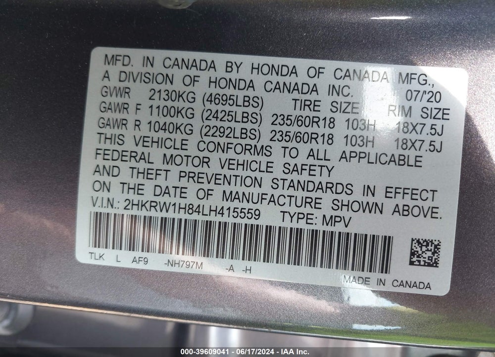 2020 HONDA CR-V 2WD EX-L VIN: 2HKRW1H84LH415559