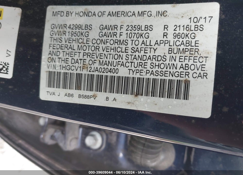 2018 HONDA ACCORD LX VIN: 1HGCV1F12JA020400
