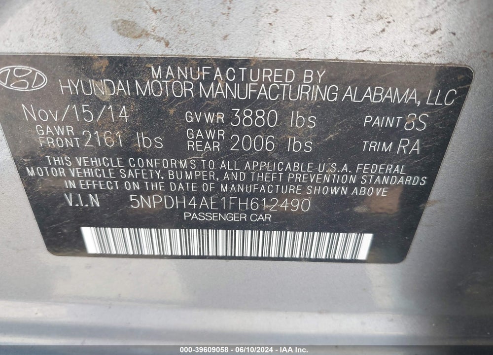 2015 HYUNDAI ELANTRA SE VIN: 5NPDH4AE1FH612490