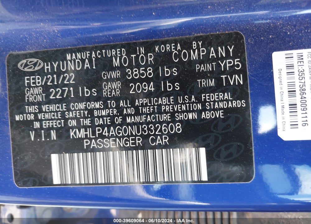 2022 HYUNDAI ELANTRA LIMITED VIN: KMHLP4AG0NU332608