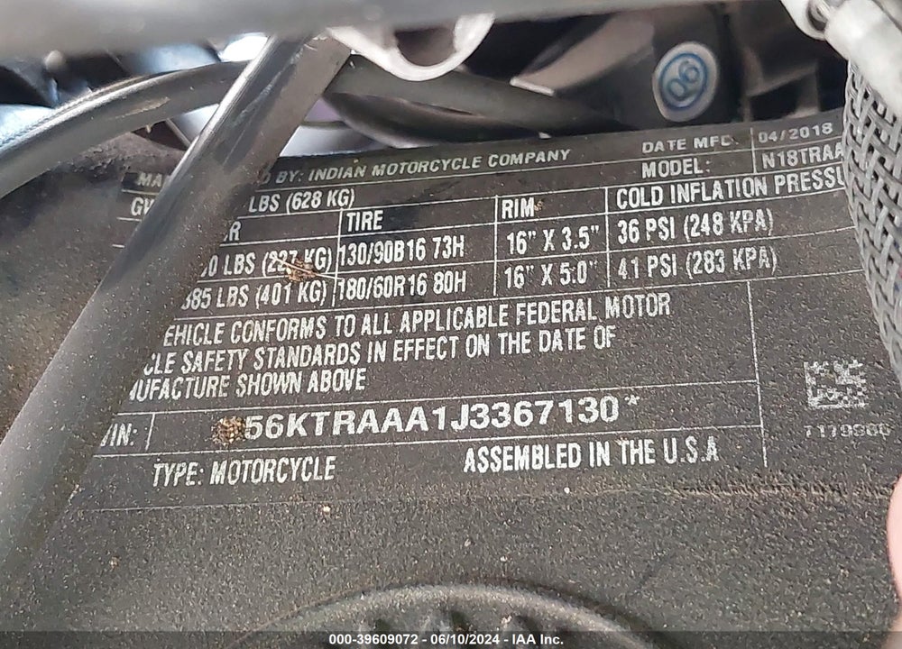 2018 INDIAN MOTORCYCLE CO. ROADMASTER VIN: 56KTRAAA1J3367130