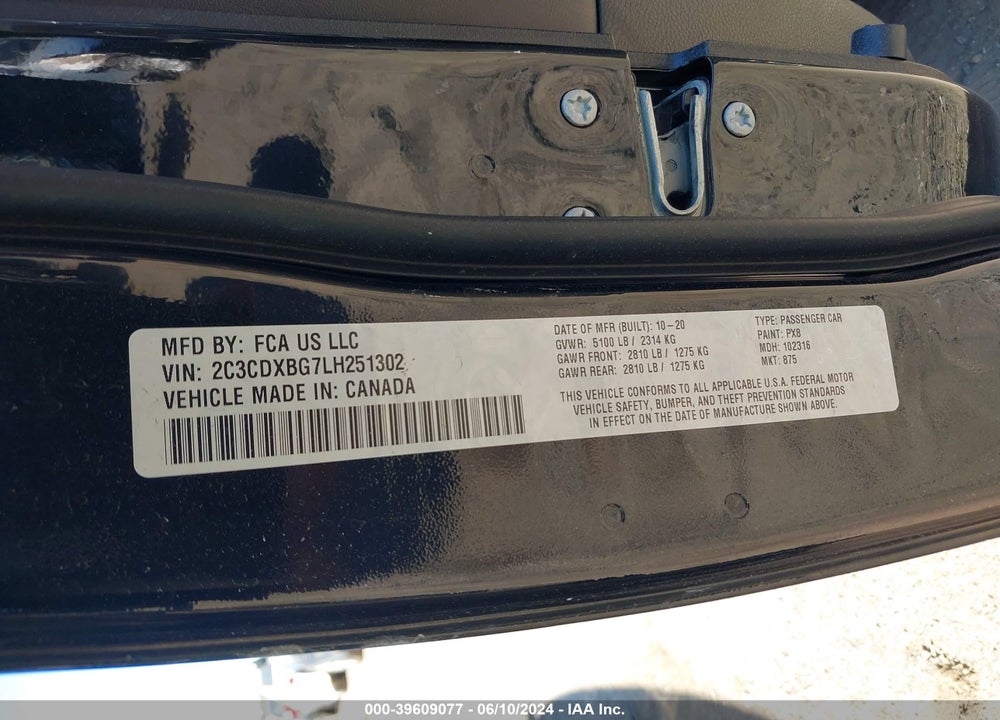 2020 DODGE CHARGER SXT RWD VIN: 2C3CDXBG7LH251302