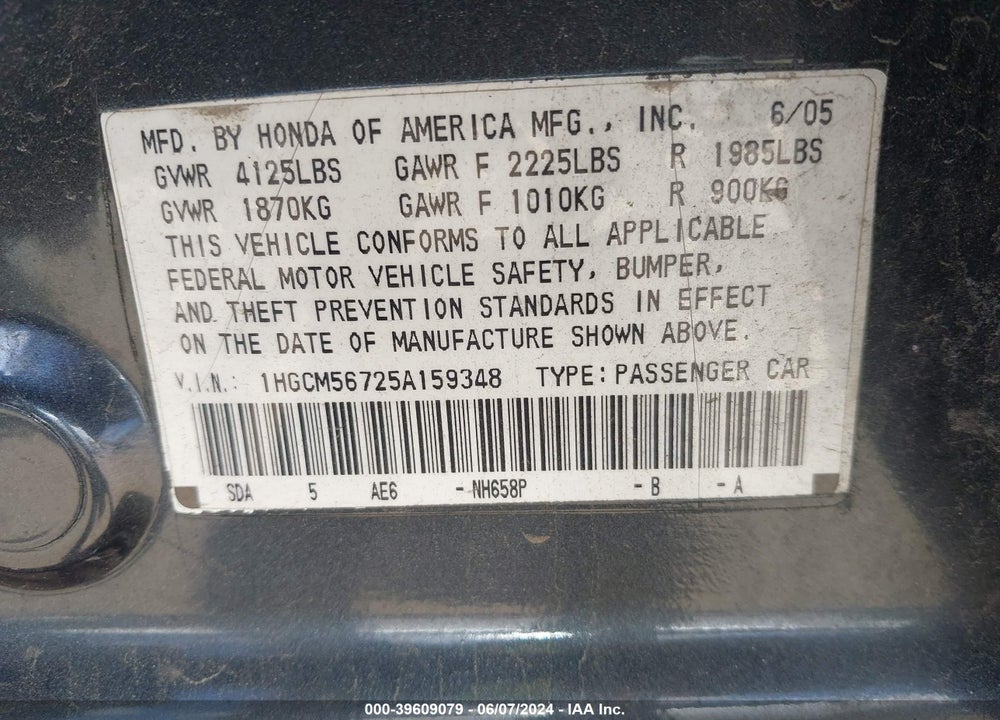 2005 HONDA ACCORD 2.4 EX VIN: 1HGCM56725A159348