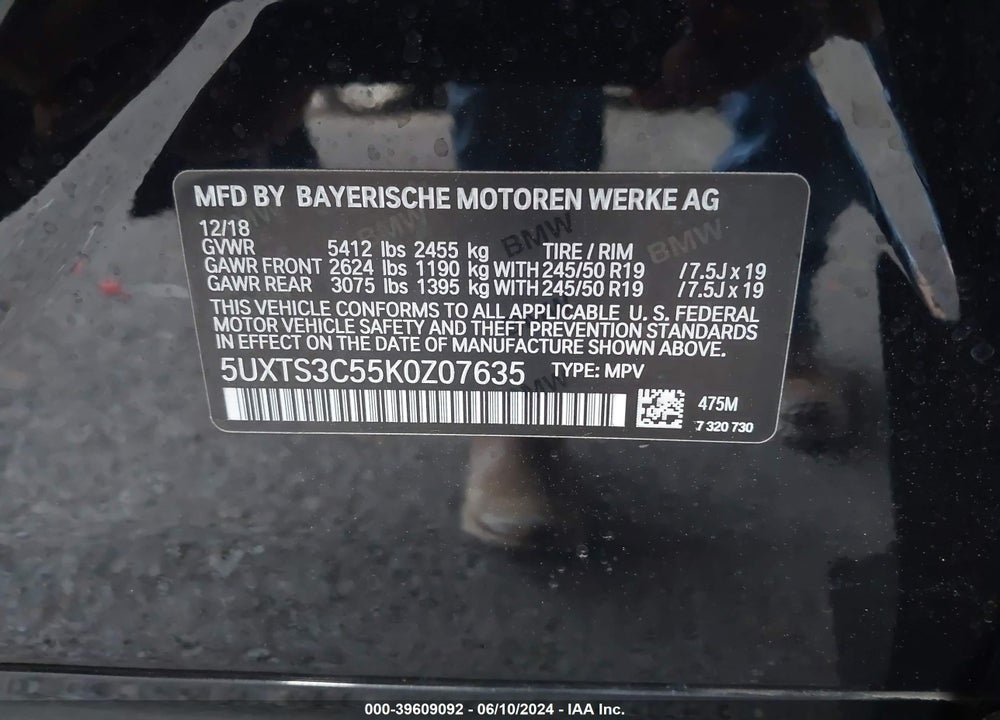 2019 BMW X3 M40I VIN: 5UXTS3C55K0Z07635