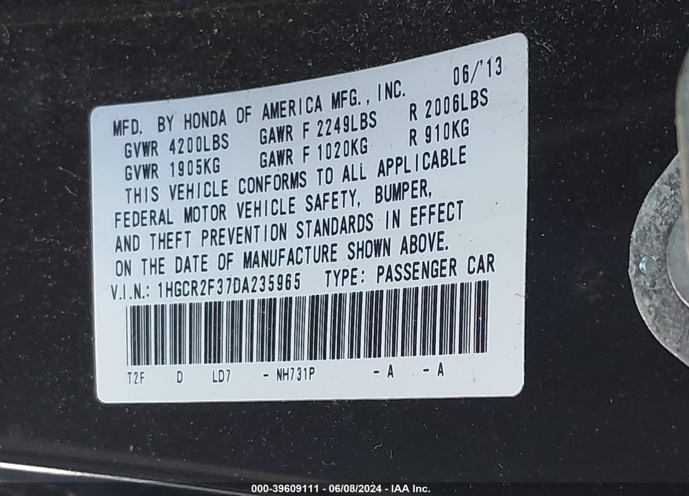 2013 HONDA ACCORD LX VIN: 1HGCR2F37DA235965