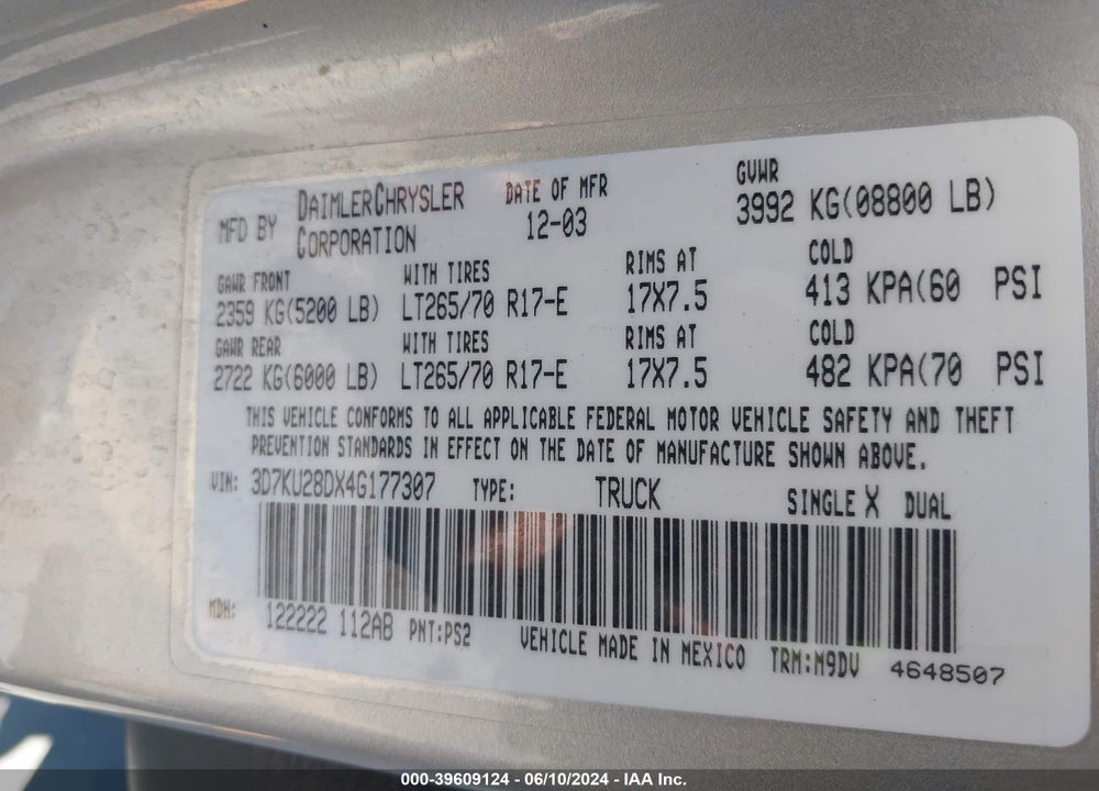2004 DODGE RAM 2500 SLT/LARAMIE VIN: 3D7KU28DX4G177307