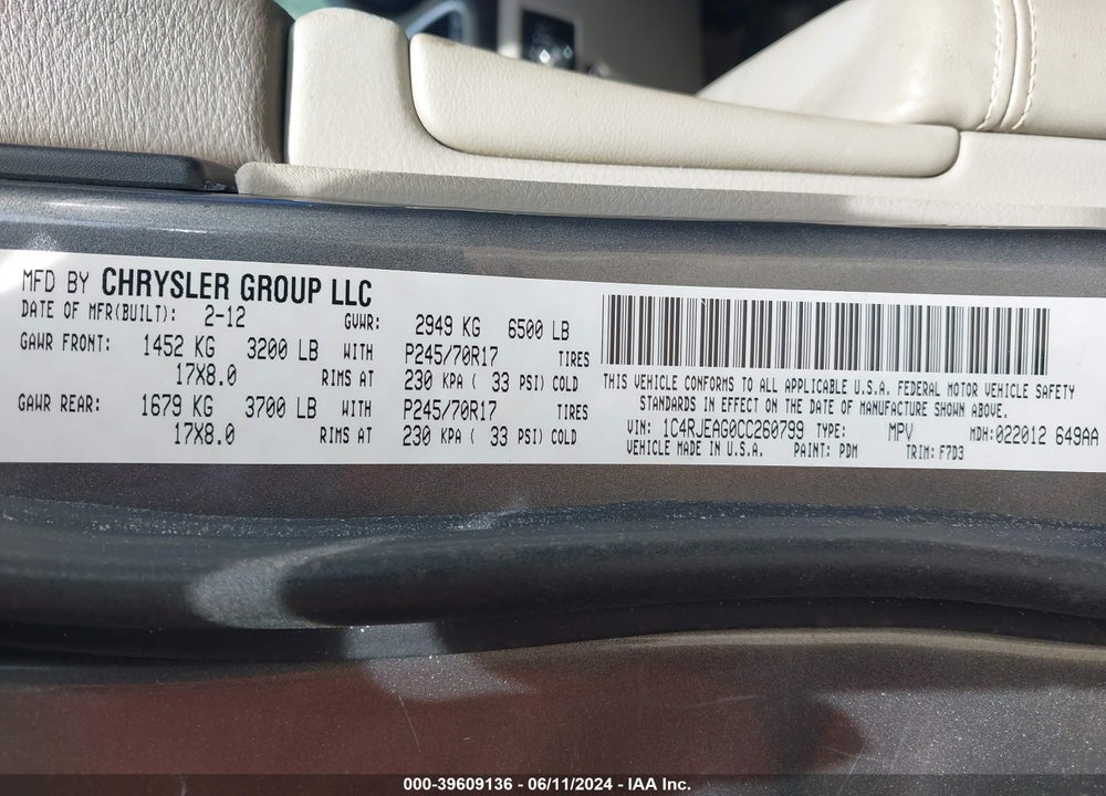 2012 JEEP GRAND CHEROKEE VIN: 1C4RJEAG0CC260799