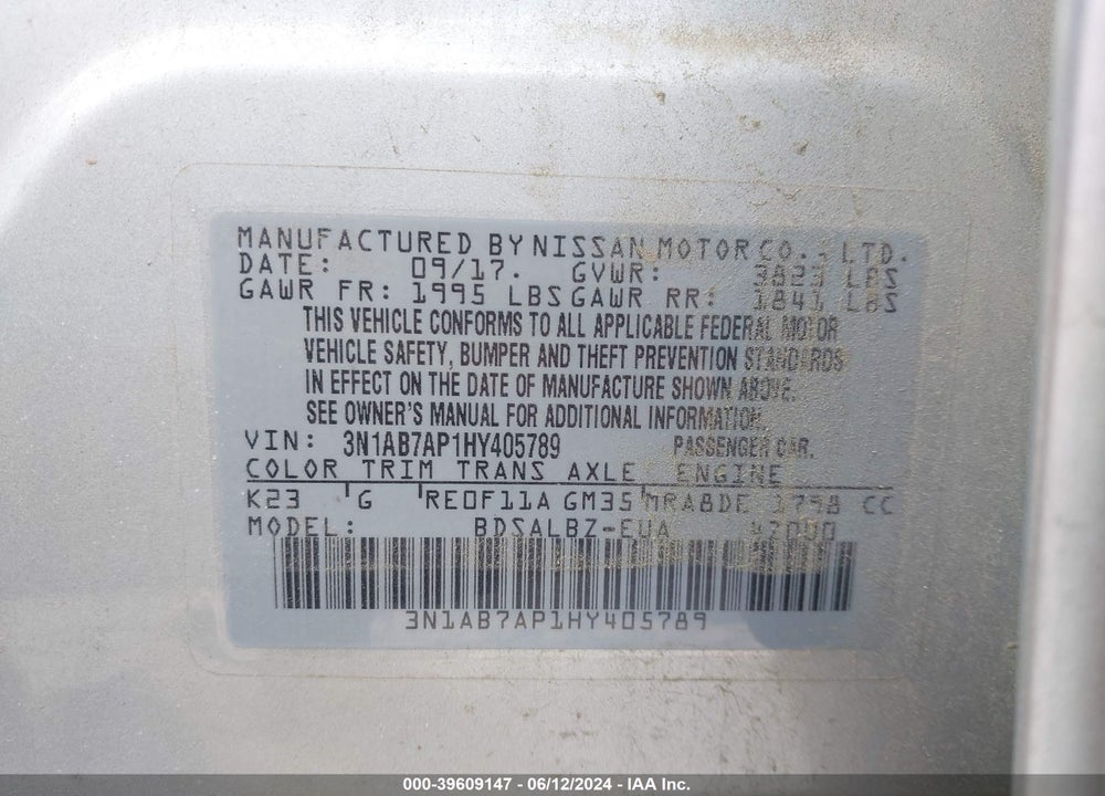 2017 NISSAN SENTRA S VIN: 3N1AB7AP1HY405789