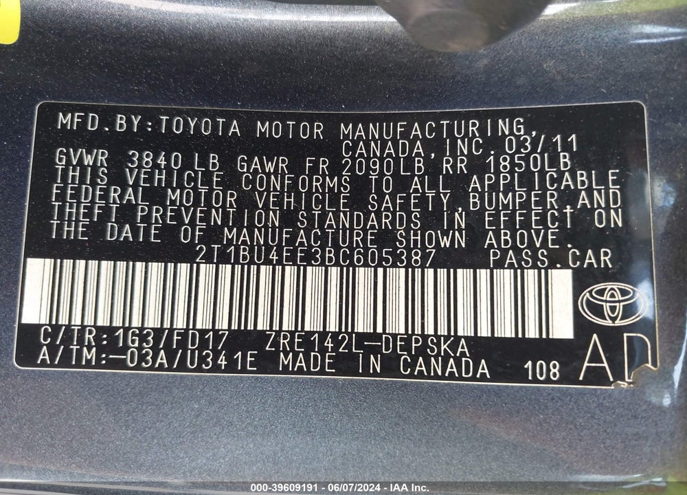 2011 TOYOTA COROLLA S VIN: 2T1BU4EE3BC605387