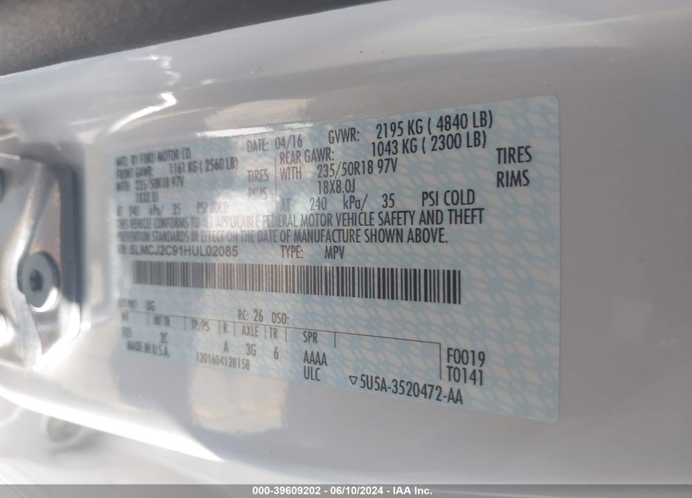 2017 LINCOLN MKC SELECT VIN: 5LMCJ2C91HUL02085