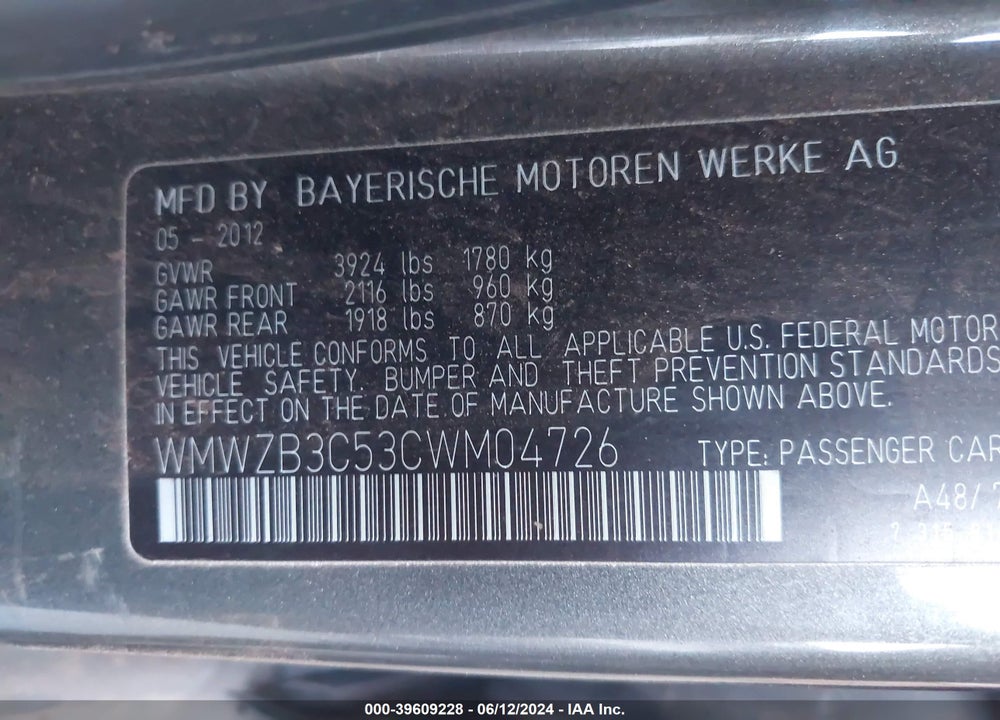 2012 MINI COOPER COUNTRYMAN VIN: WMWZB3C53CWM04726