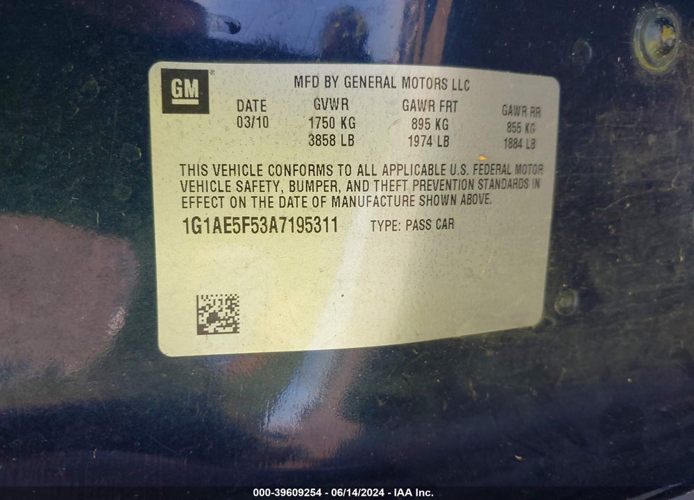 2010 CHEVROLET COBALT LT VIN: 1G1AE5F53A7195311