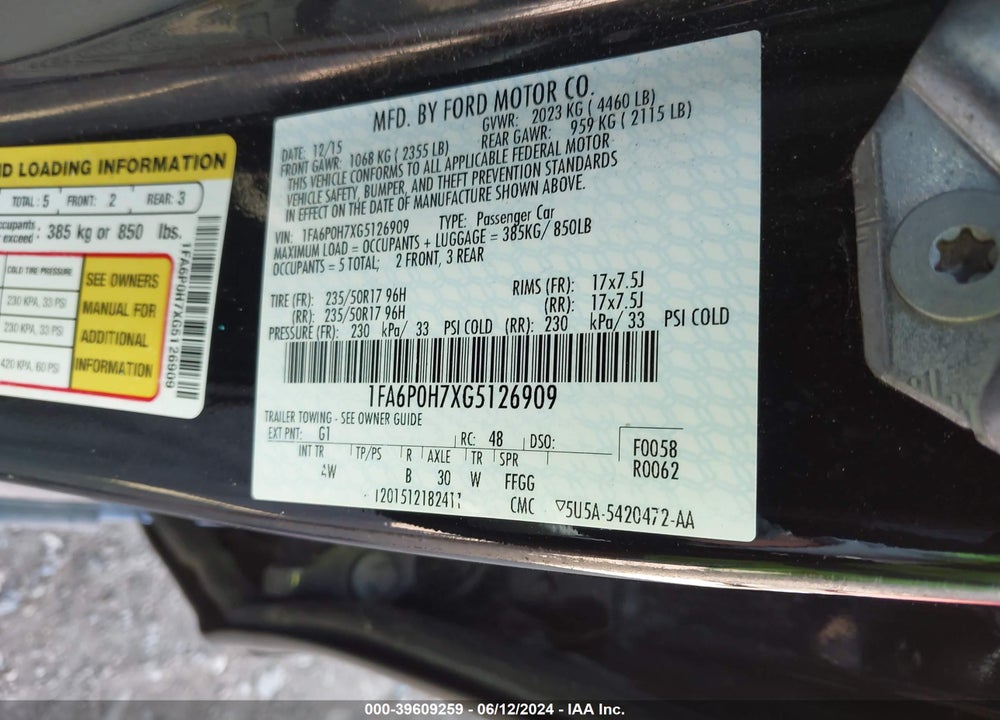 2016 FORD FUSION SE VIN: 1FA6P0H7XG5126909