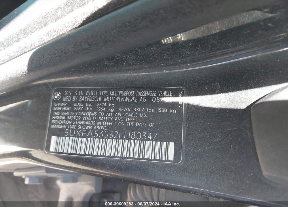 2002 BMW X5 3.0I VIN: 5UXFA53532LH80347
