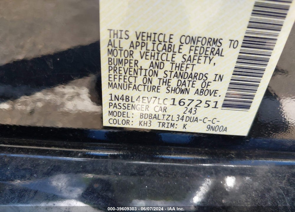 2020 NISSAN ALTIMA SL FWD VIN: 1N4BL4EV7LC167251