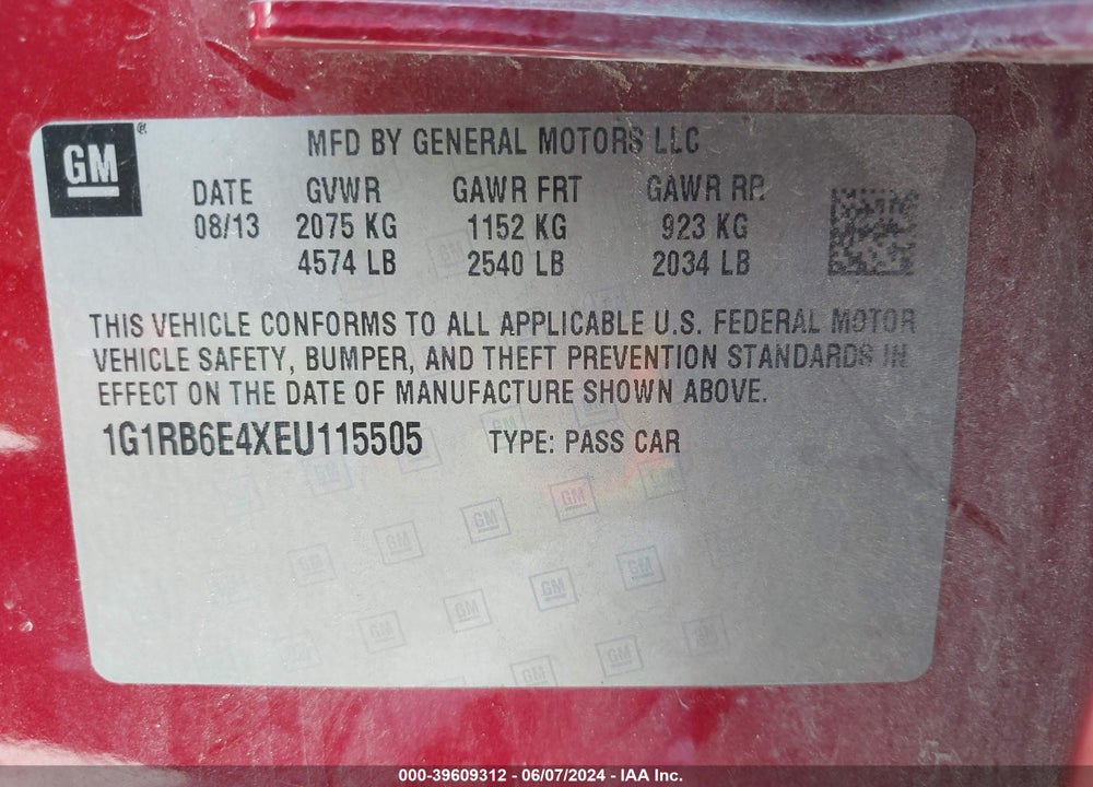 2014 CHEVROLET VOLT VIN: 1G1RB6E4XEU115505