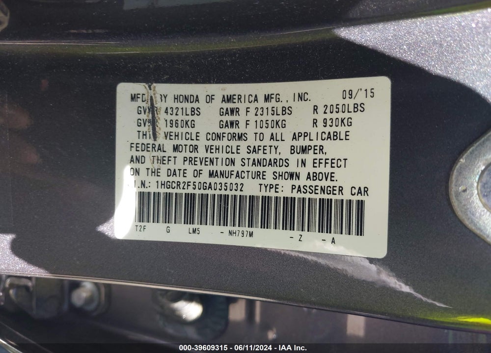 2016 HONDA ACCORD SPORT VIN: 1HGCR2F50GA035032