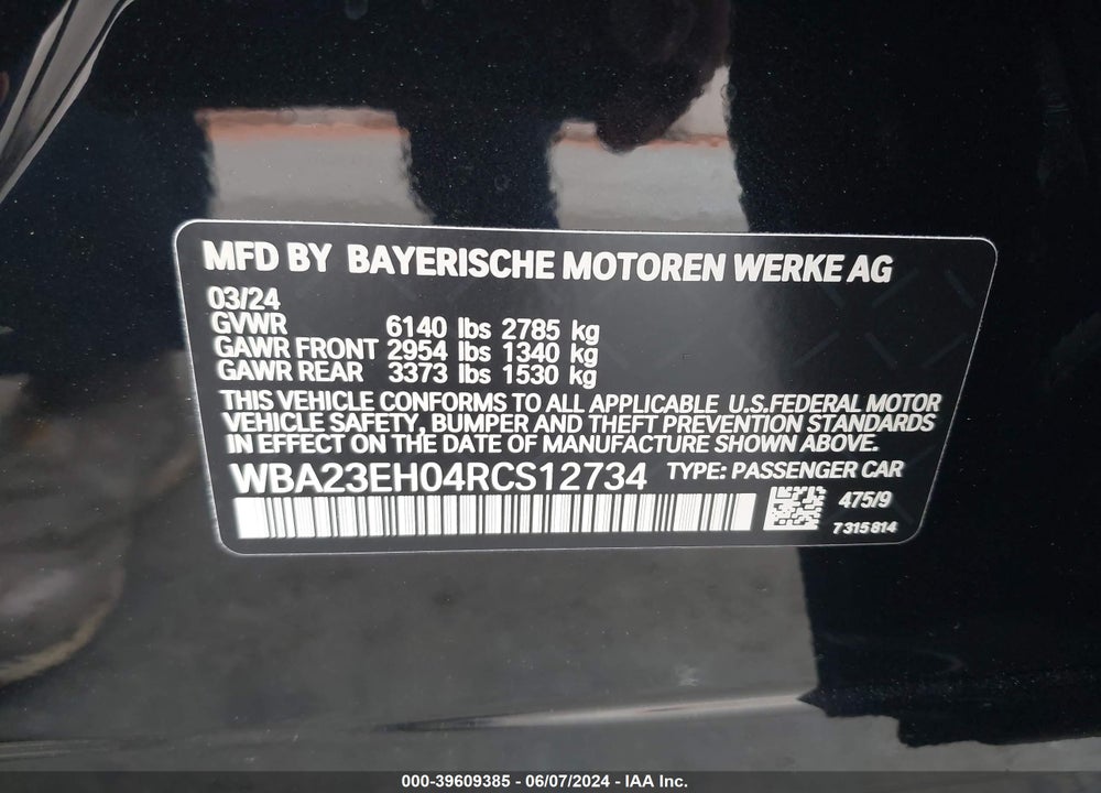 2024 BMW 740 I VIN: WBA23EH04RCS12734