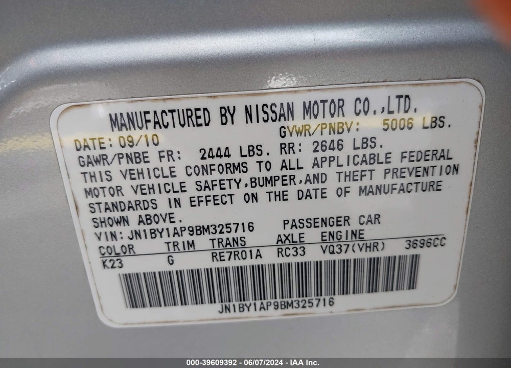 2011 INFINITI M37 VIN: JN1BY1AP9BM325716