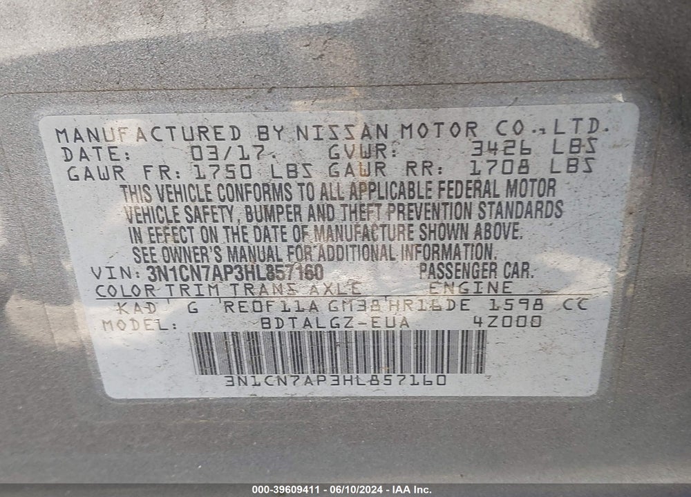 2017 NISSAN VERSA 1.6 SL VIN: 3N1CN7AP3HL857160