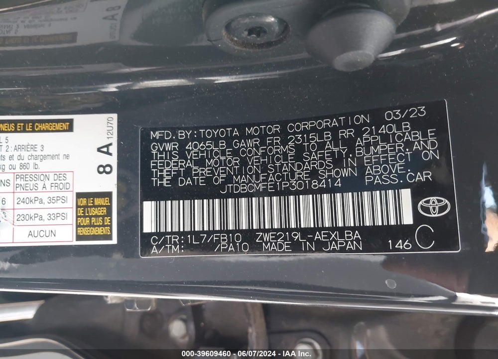 2023 TOYOTA COROLLA HYBRID LE VIN: JTDBCMFE1P3018414