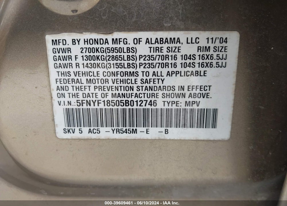 2005 HONDA PILOT EX-L VIN: 5FNYF18505B012746