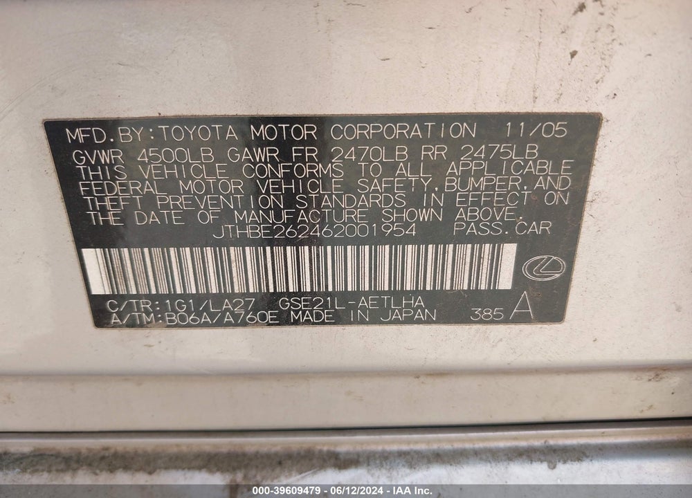 2006 LEXUS IS 350 VIN: JTHBE262462001954