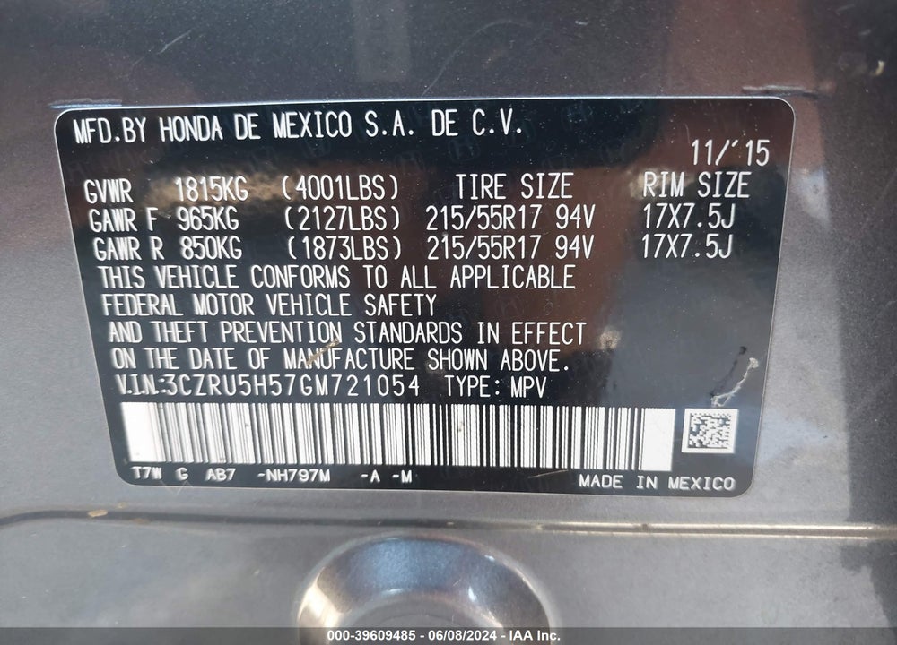2016 HONDA HR-V EX VIN: 3CZRU5H57GM721054