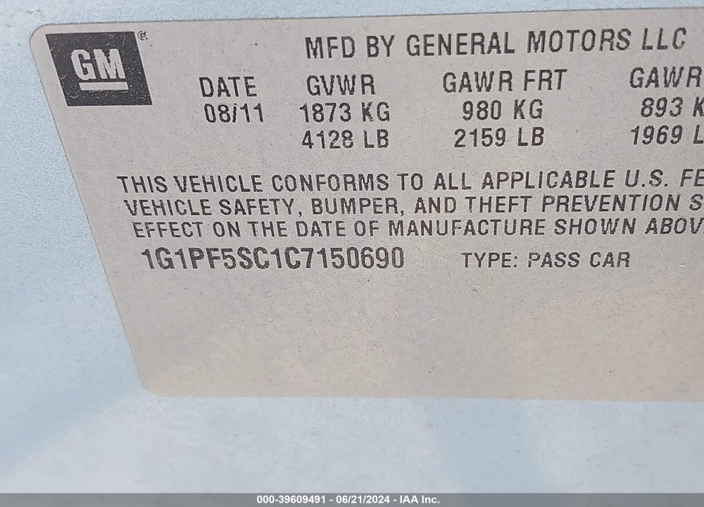2012 CHEVROLET CRUZE 1LT VIN: 1G1PF5SC1C7150690