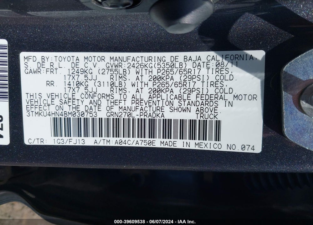 2011 TOYOTA TACOMA PRERUNNER V6 VIN: 3TMKU4HN4BM030753
