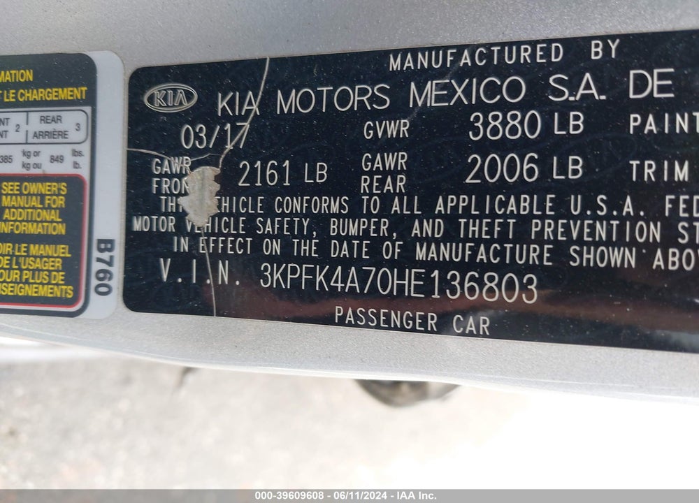 2017 KIA FORTE LX VIN: 3KPFK4A70HE136803
