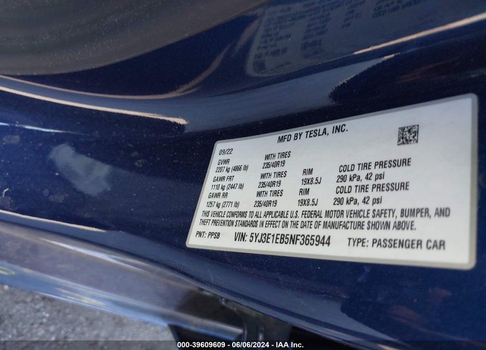 2022 TESLA MODEL 3 LONG RANGE DUAL MOTOR ALL-WHEEL DRIVE VIN: 5YJ3E1EB5NF365944